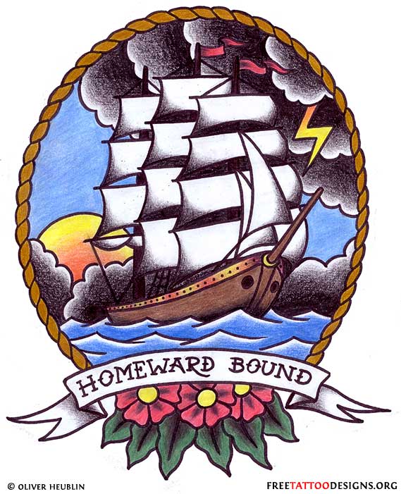 Sailor Ship In Rope Frame With Flowers And Banner Tattoo Design