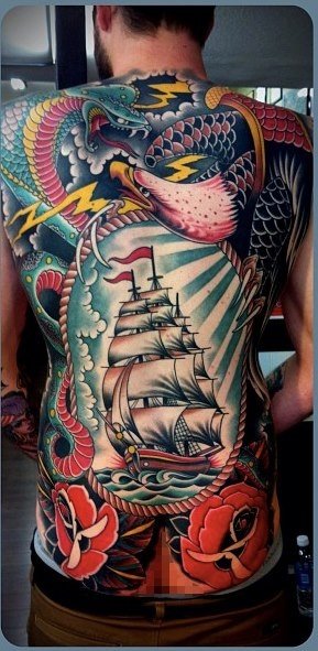 Sailor Ship In Rope Frame With Flowers Tattoo On Full Back