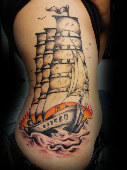 Sailor Ship Tattoo Design For Side Rib