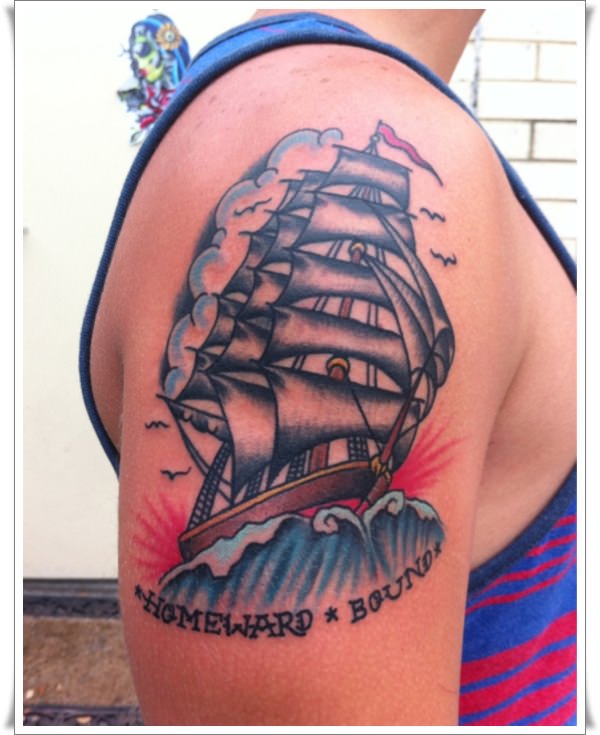 Sailor Ship Tattoo On Right Shoulder