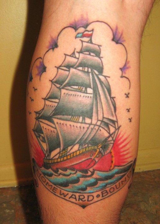 Sailor Ship With Banner Tattoo Design For Leg Calf