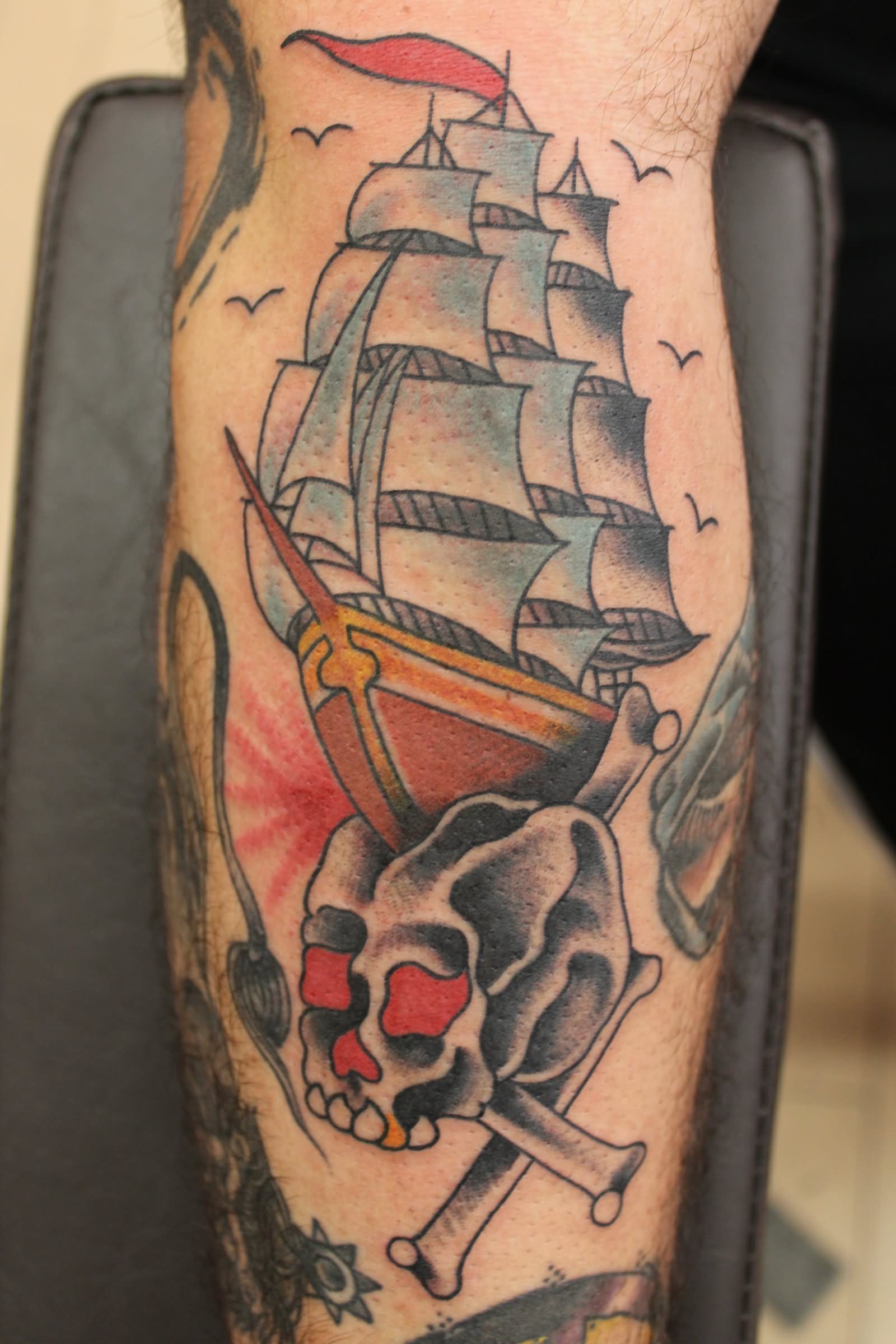 Sailor Ship With Danger Skull Tattoo Design