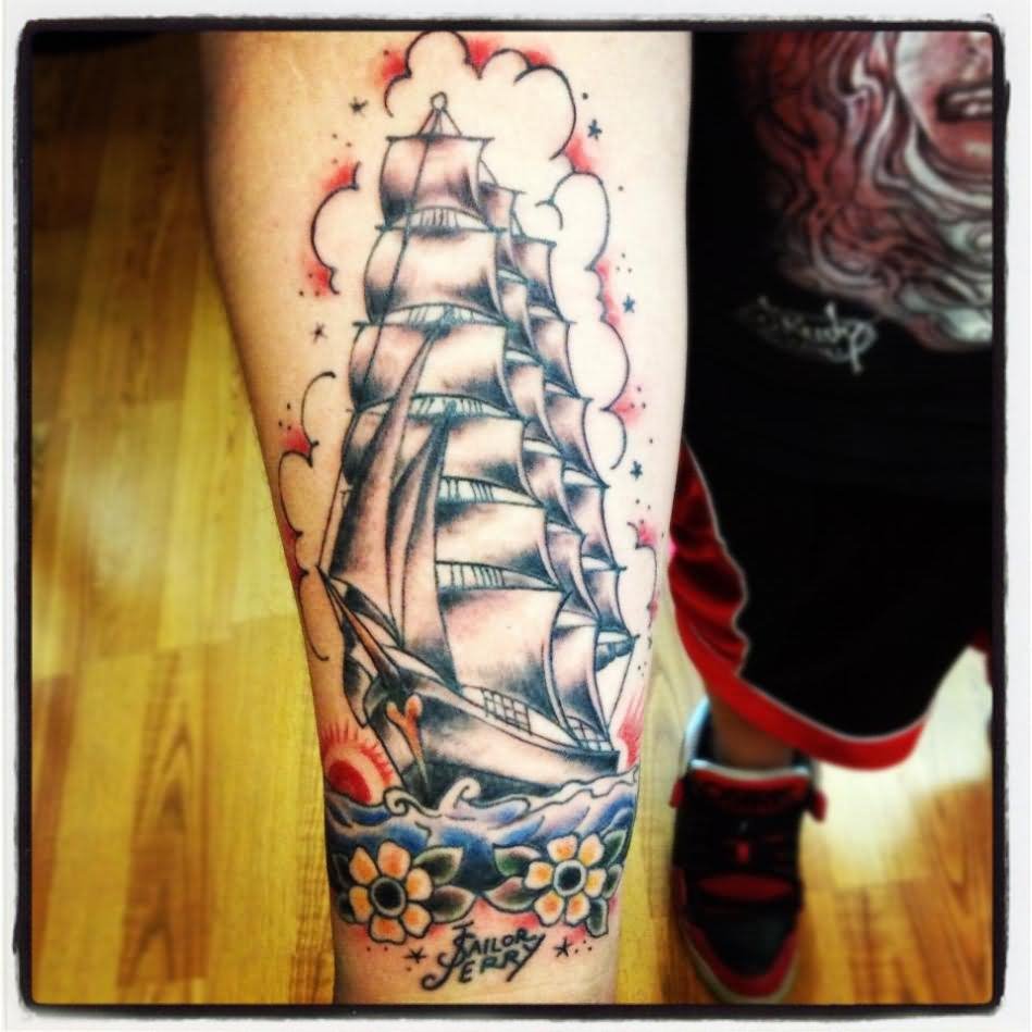 Sailor Ship With Flowers Tattoo Design For Forearm