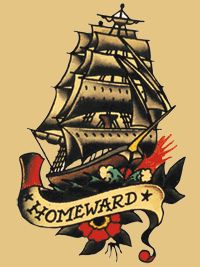 Sailor Ship With Homeward Banner Tattoo Design