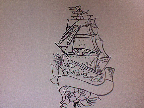 Sailor Ship With Ribbon Tattoo Stencil