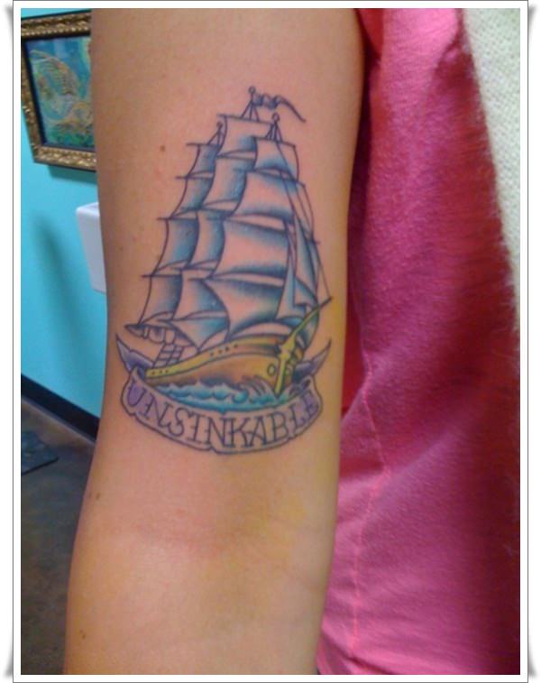 Sailor Ship With Unsinkable Banner Tattoo Design For Half Sleeve