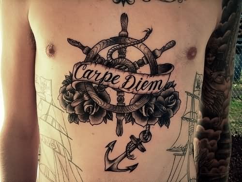 Sailor Wheel With Roses And Anchor Tattoo On Man Full Body
