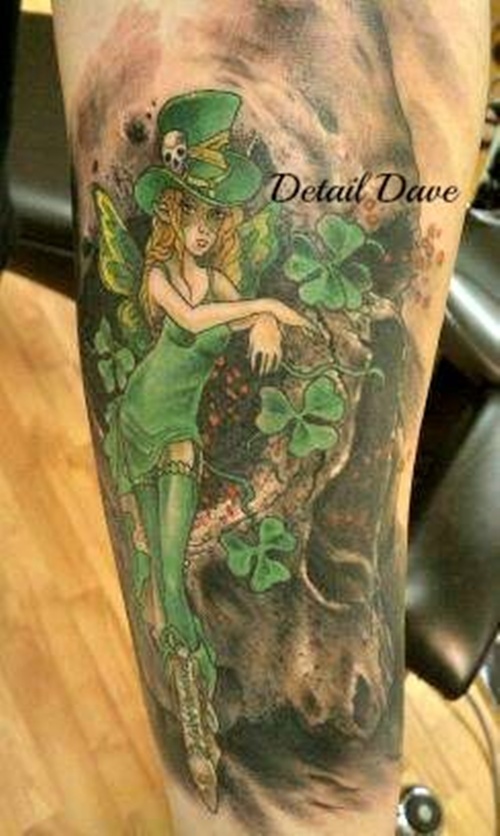 Shamrock And Female Leprechaun Tattoo On Leg