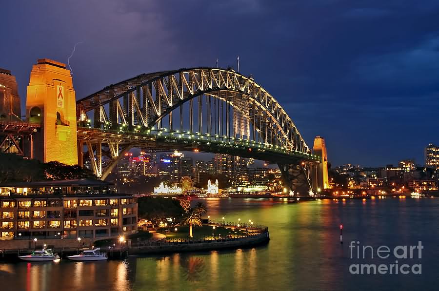 Side View Captured Of Sydney Harbour Bridge At Night