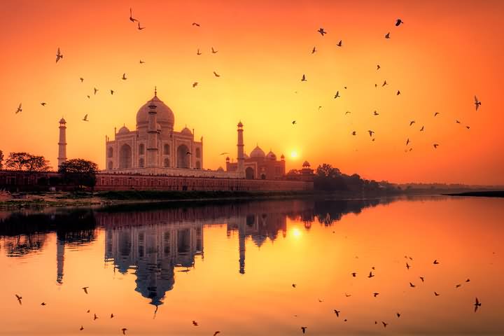 Side View Of Taj Mahal At Sunset Time