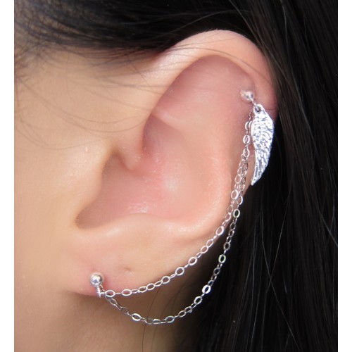 Silver Feather Chain Piercing On Girl Left Ear