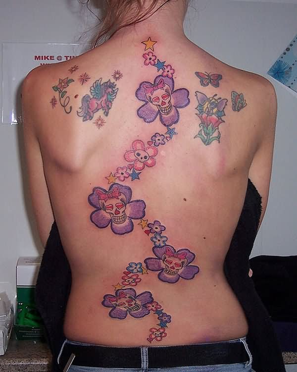 Skull Flowers Fantasy Tattoo On Full Back