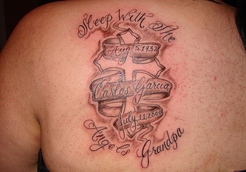 Sleep With The Angels Grandpa - Memorial Cross With Banner Tattoo On Left Back Shoulder