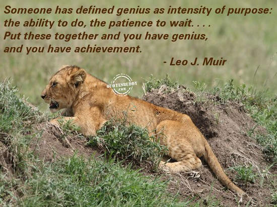 Someone has defined genius as intensity of purpose - the ability to do, the patience to wait. Put these together and you have achievement.   - Leo J. Muir.
