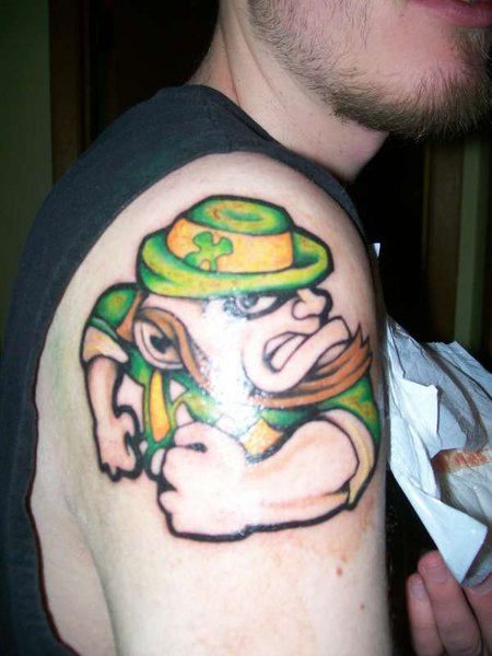 Strong Leprechaun Tattoo On Man Right Shoulder