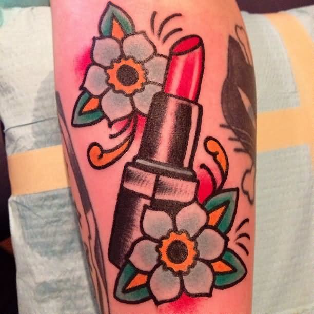 Traditional Flowers And Lipstick Tattoo