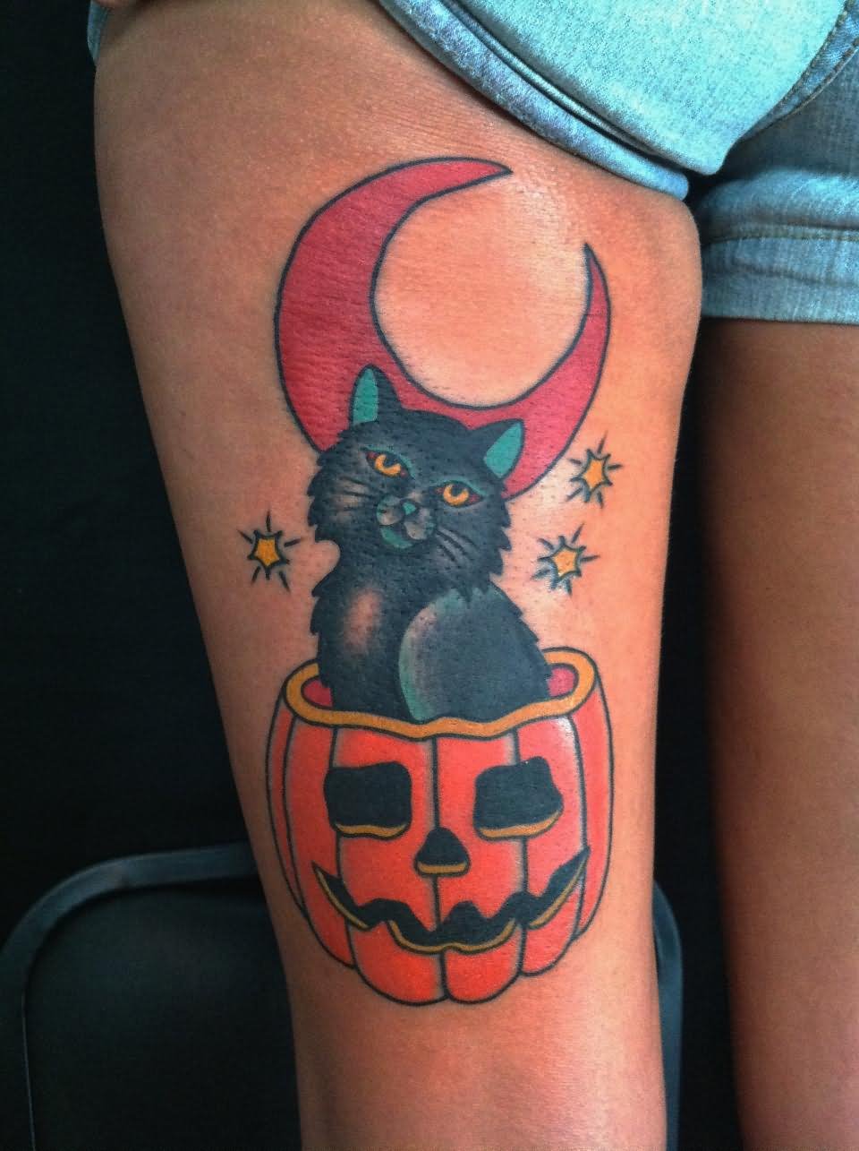 Traditional Halloween Cat In Pumpkin And  Half Moon Tattoo On Thigh