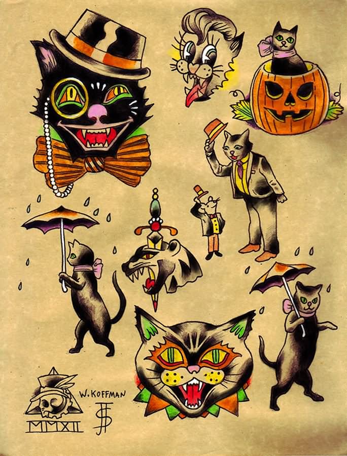 Traditional Halloween Cat Tattoo Flash