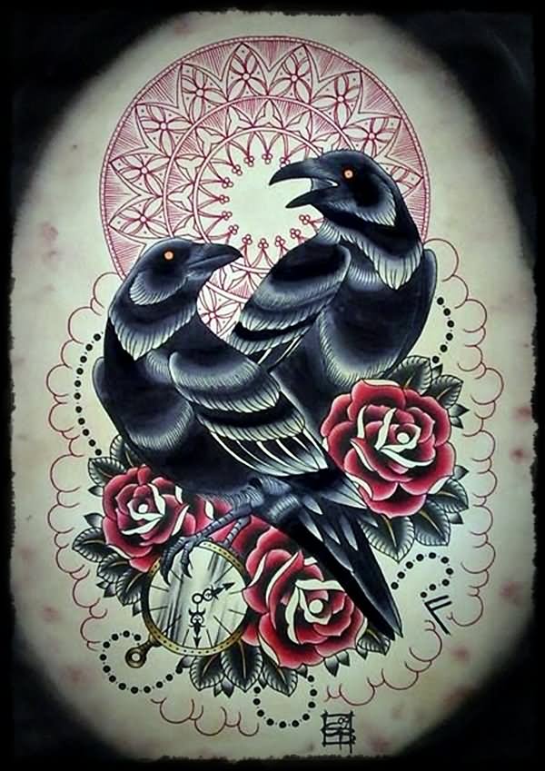 Traditional Halloween Crow And Roses Tattoo Design