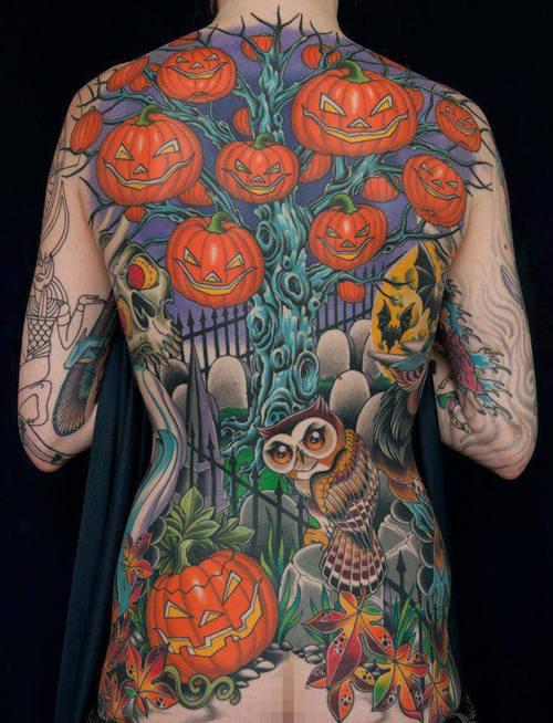 Traditional Halloween Pumpkin With Owl Tattoo On Full Back