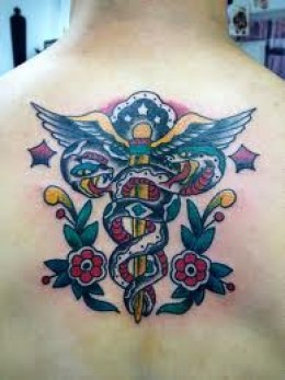 Traditional Medical Symbol Tattoo Design For Upper Back