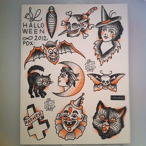 Traditional Orange And Black Halloween Tattoo Design