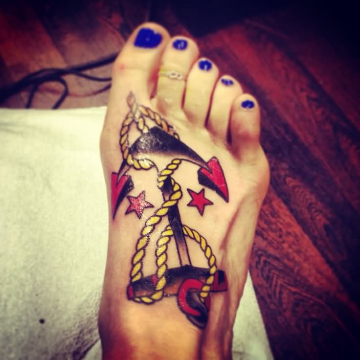Traditional Sailor Anchor Tattoo On Girl Foot