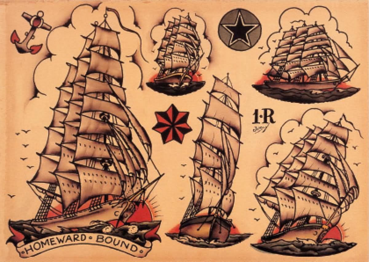 Traditional Sailor Ship Tattoo Flash