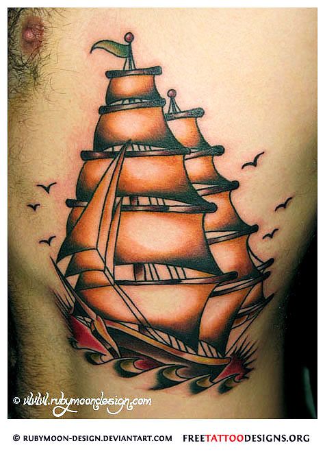 Traditional Sailor Ship Tattoo On Man Side Rib