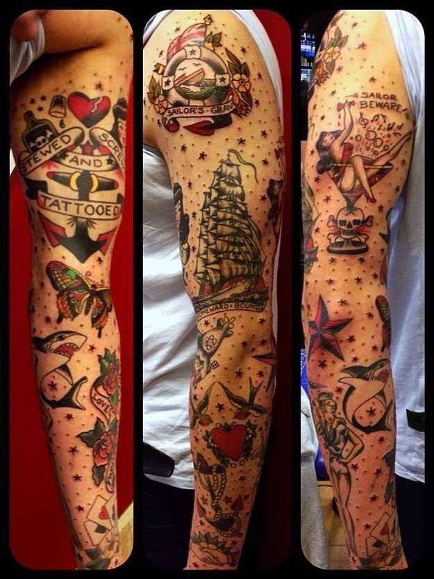 Traditional Sailor Ship With Anchor And Banner Tattoo On Full Sleeve