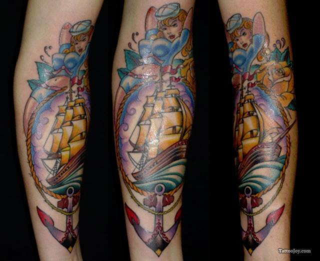 Traditional Sailor Ship With Anchor Tattoo Design For Sleeve