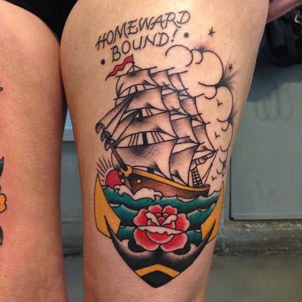 Traditional Sailor Ship With Anchor Tattoo On Thigh