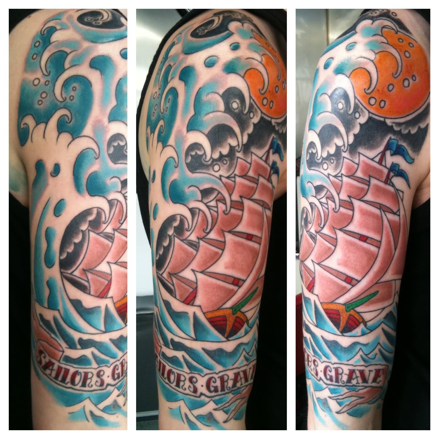 Traditional Sailor Ship With Banner Tattoo Design For Half Sleeve