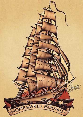Traditional Sailor Ship With Banner Tattoo Design