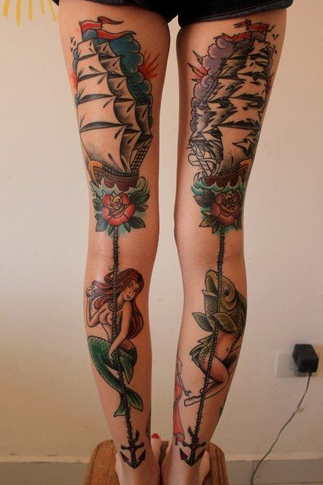 Traditional Sailor Ship With Mermaid Tattoo On Both Leg