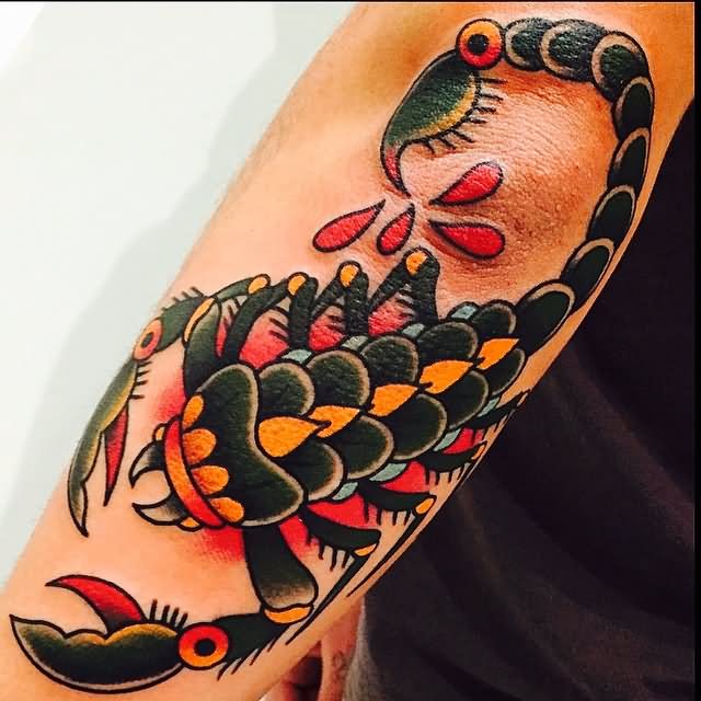 Traditional Scorpio Tattoo On Inside Elbow