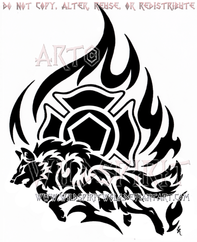 Tribal Firefighter Logo And Wolf In Flame Tattoo Stencil By Wild Spirit Designs