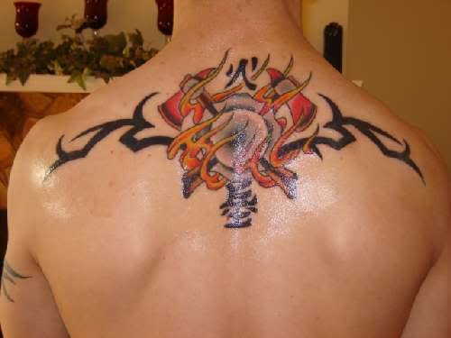 Tribal Firefighter Logo Tattoo On Man Upper Back