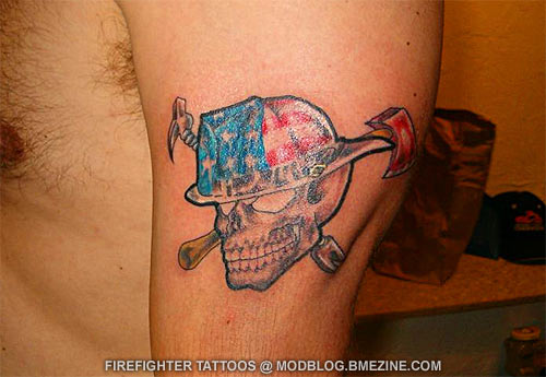 USA Firefighter Skull Tattoo On Man Left Half Sleeve