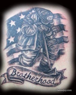USA Flag With Firefighter And Brotherhood Banner Tattoo Design For Sleeve