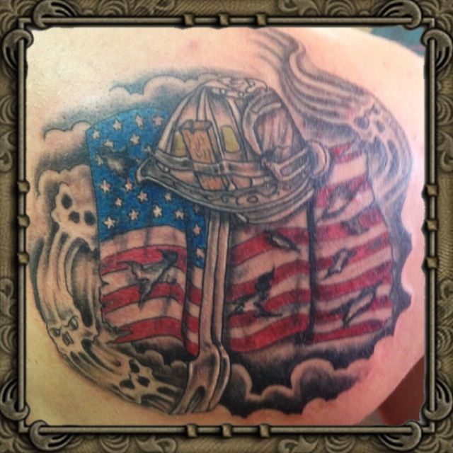 USA Flag With Firefighter Helmet Tattoo Design