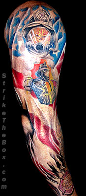 USA Flag With Firefighter Mask Tattoo On Right Full Sleeve
