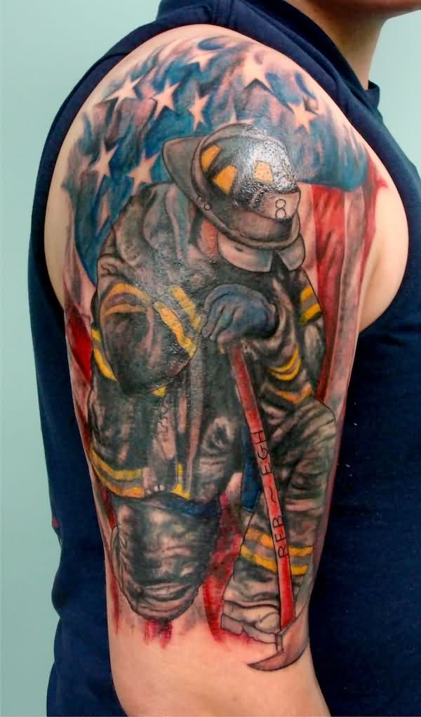 USA Flag With Firefighter Tattoo On Right Half Sleeve