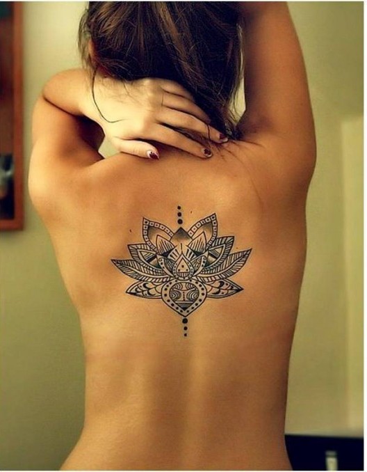 Unique Black And White Floral Tattoo On Girl Upper Back