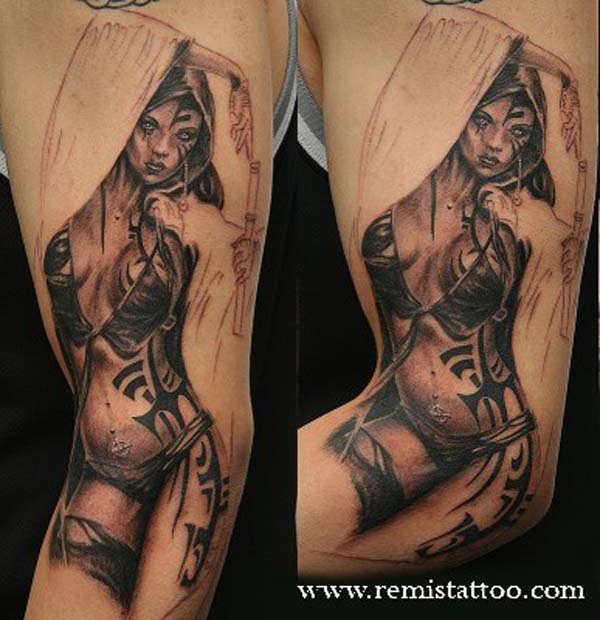 Vampire Fantasy Girl Tattoo On Half Sleeve