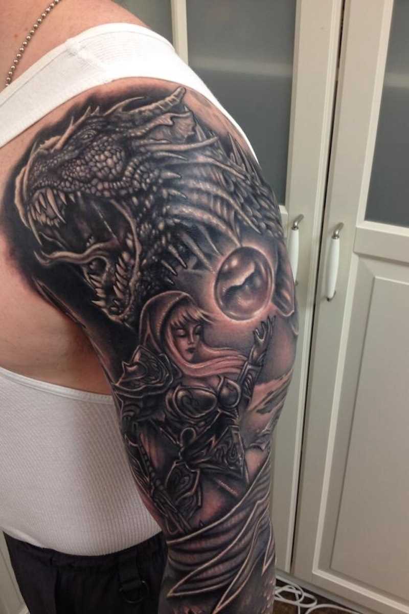 Warrior Fantasy Dragon Tattoo On Man Left Sleeve