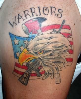 Warriors - USA Flag With Firefighter Axe And Eagle Head Tattoo Design