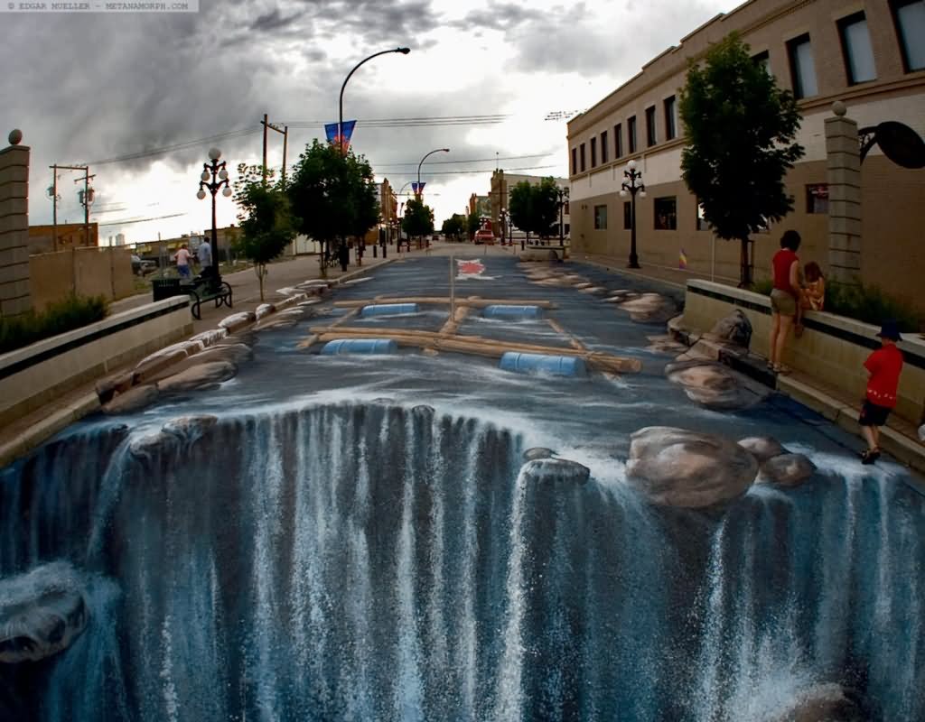 Water Fall Chalk Optical Illusion Image