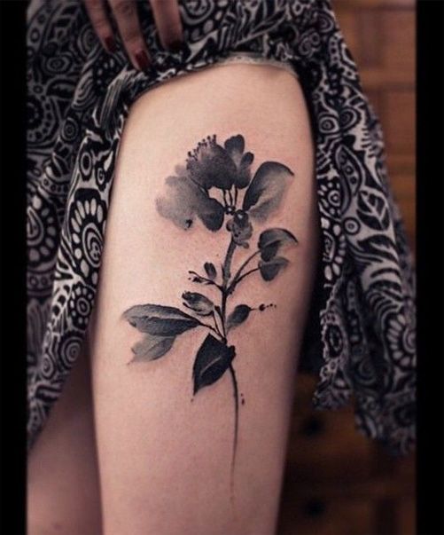Watercolor Black And White Floral Tattoo On Girl Thigh