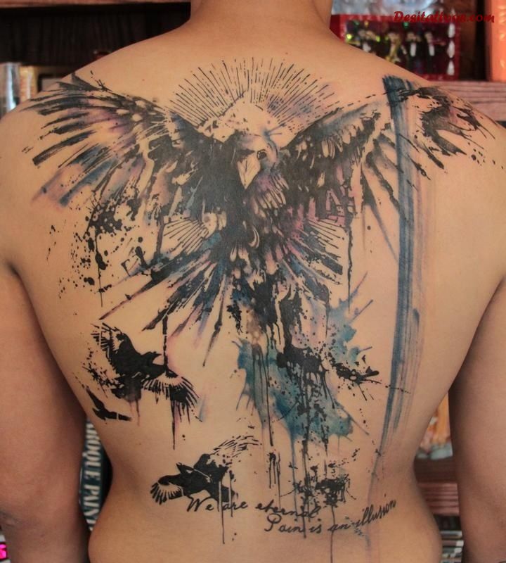 Watercolor Fantasy Bird Tattoo On Full Back